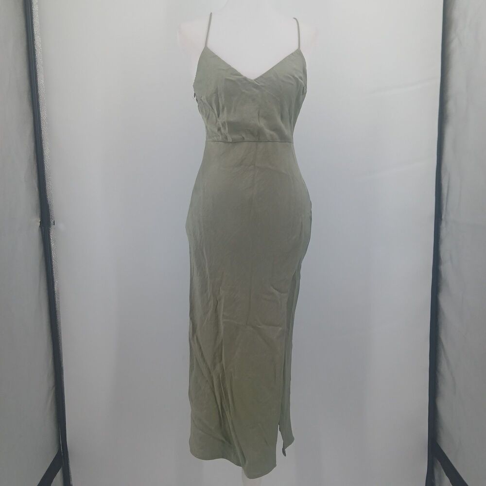 Hello Molly First In Line Midi Dress Womens Small Sage Green Satin V Neck Boho